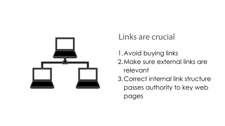 Image: Blog bullet point title graphic Links are crucial. 1. Avoid buying links; 2. Make sure external links are relevant; 3. Correct internal linking structure passes authority to key web pages.