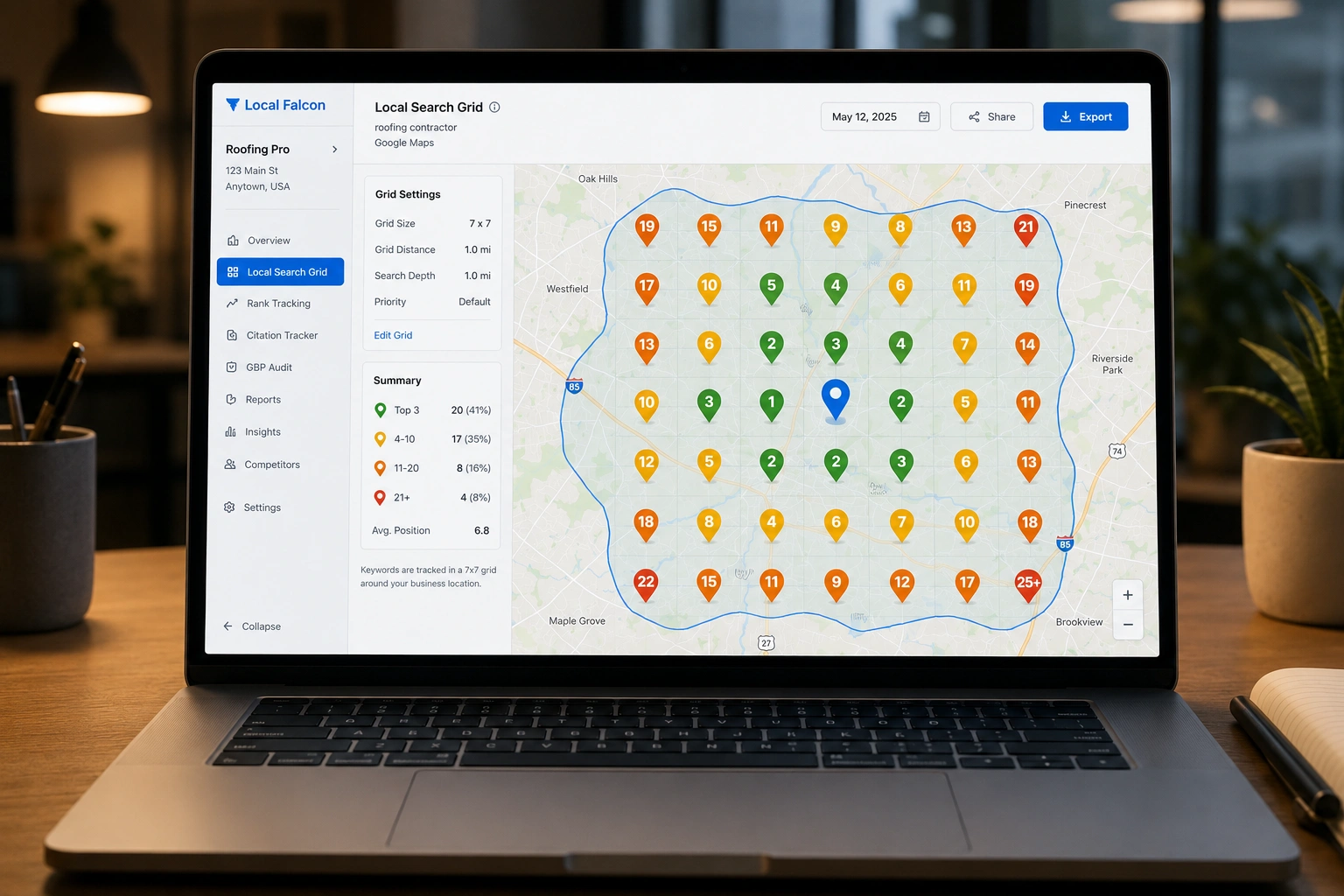 Laptop displaying a local SEO geo-grid ranking map with color-coded search positions across a suburban service area.