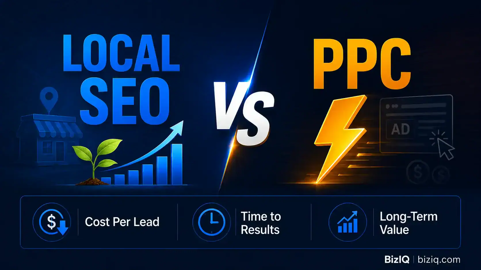 Split comparison graphic showing local SEO versus PPC for small businesses with cost speed and long-term value comparison callouts