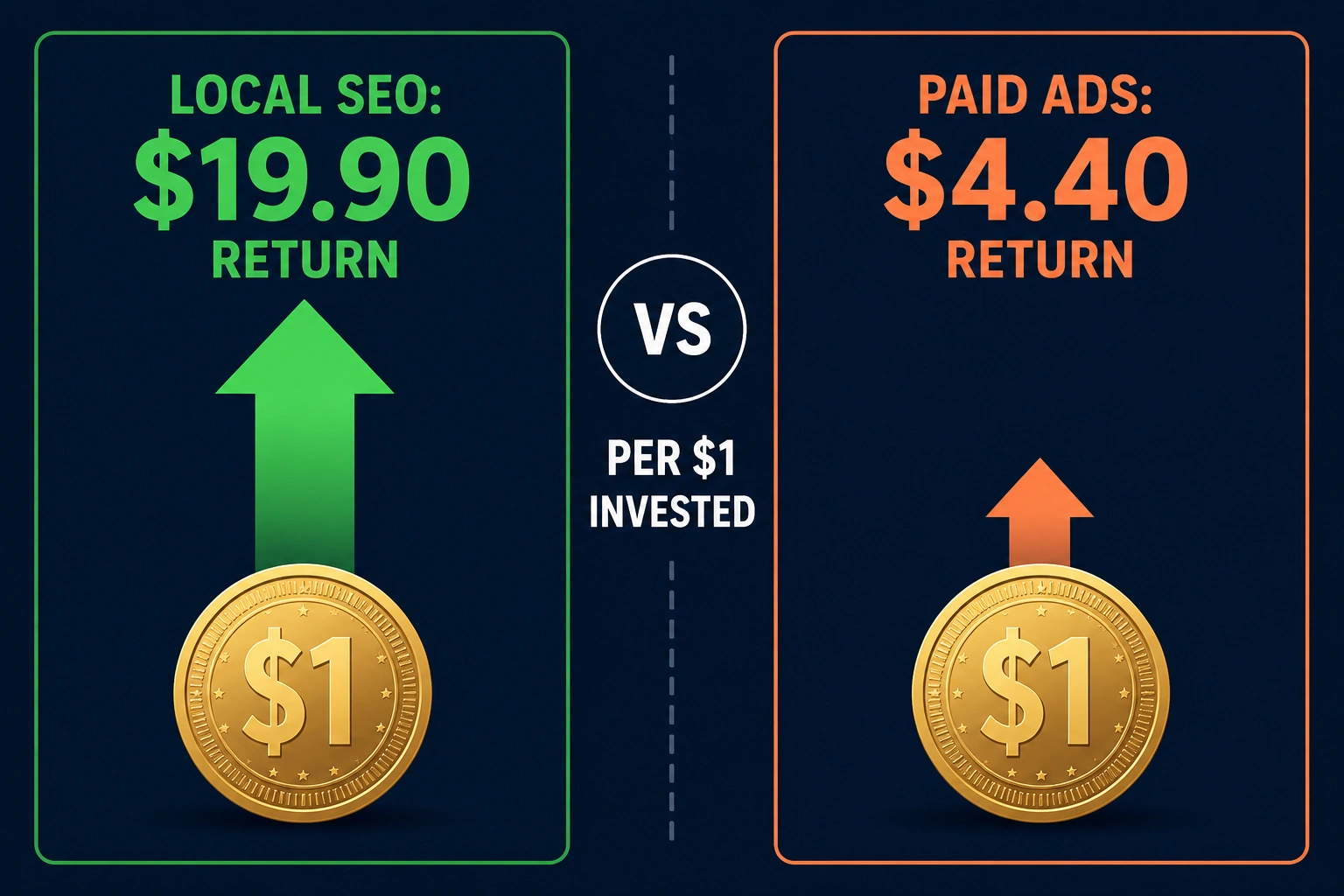 Comparison infographic showing Local SEO generating a $19.90 return per $1 invested versus Paid Ads generating a $4.40 return per $1 invested.