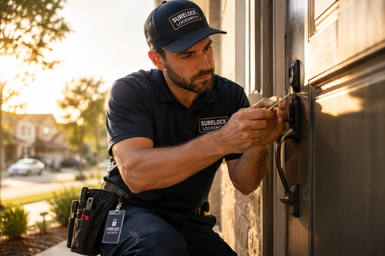 Locksmith technician unlocking a residential front door in a suburban neighborhood during golden hour.