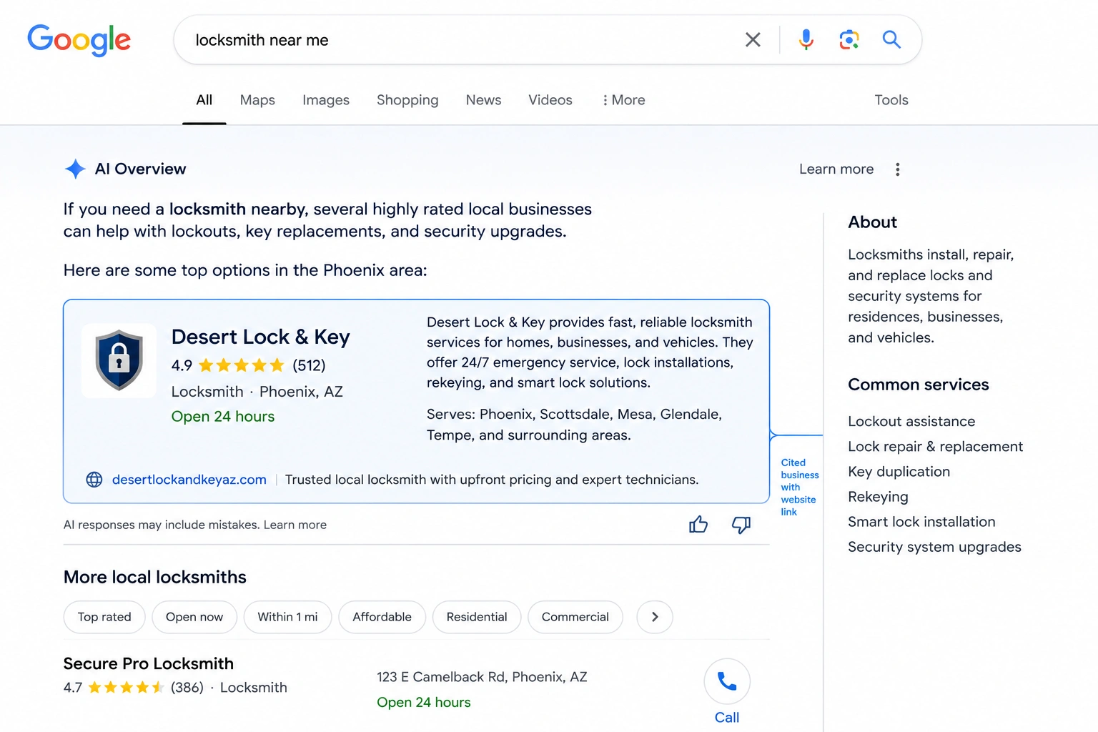 Google AI Overview highlighting a local locksmith with website citation, service area, and review rating.