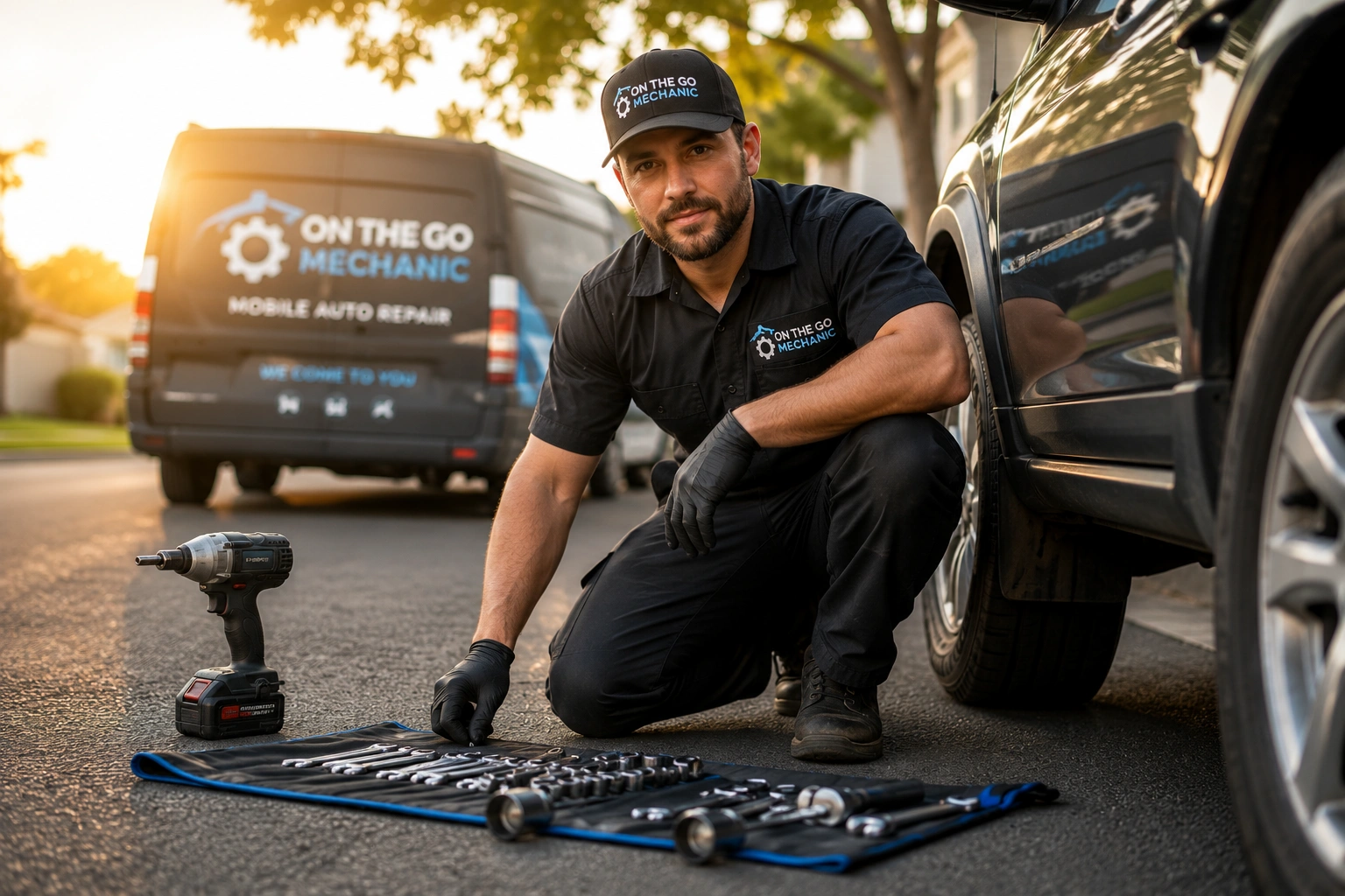 Mobile mechanic repairing a stranded vehicle on a suburban street during golden hour with tools neatly arranged nearby.