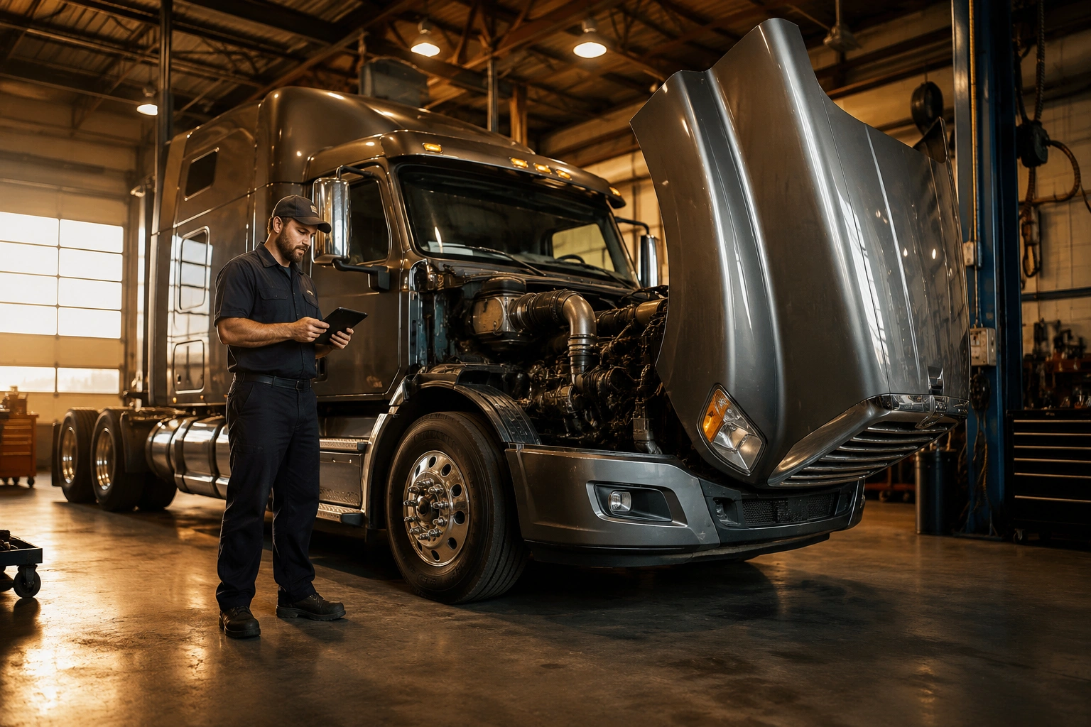 Diesel technician using a diagnostic tablet beside a Class 8 semi truck with its hood open in a repair bay.