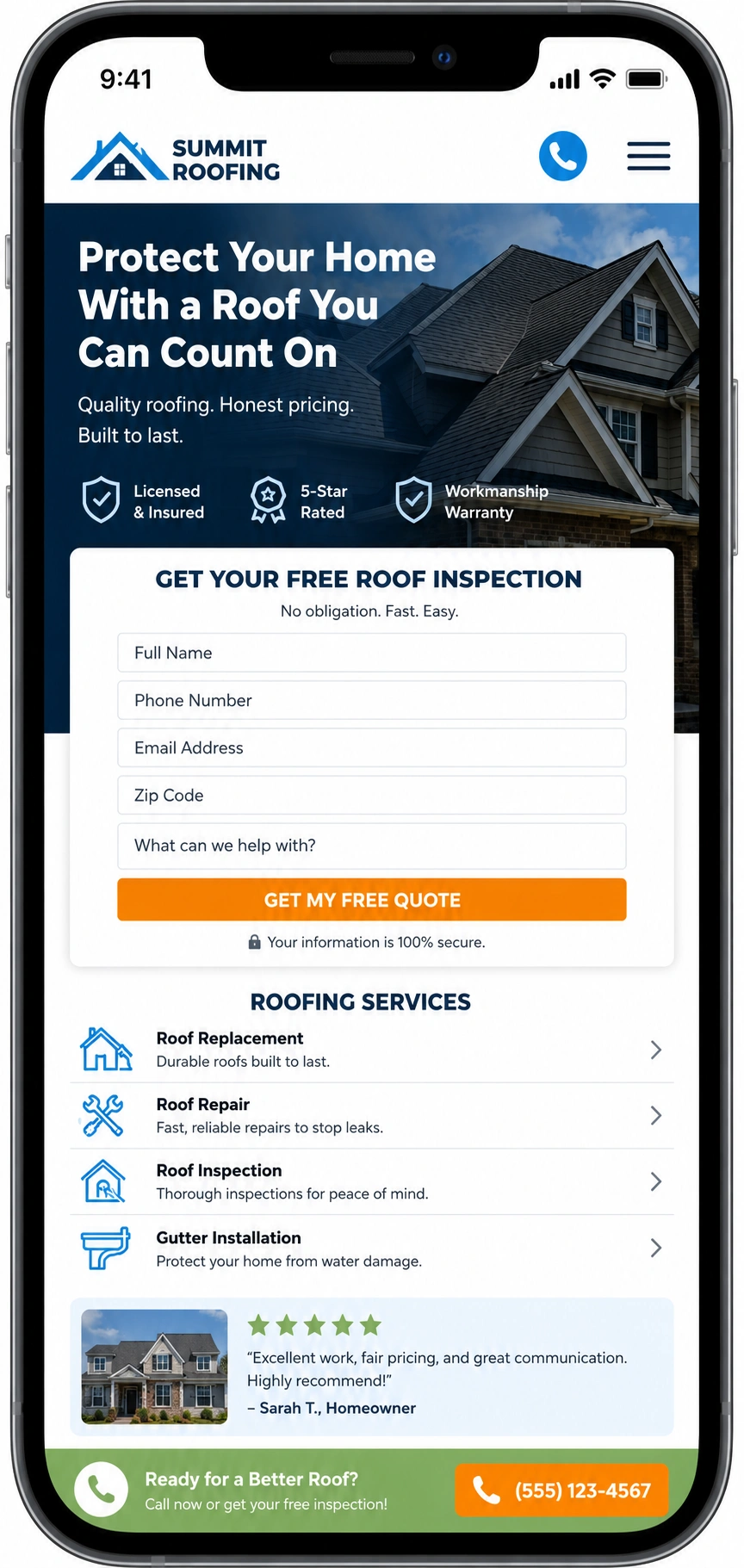 Mobile roofing landing page mockup optimized for lead generation with quote form, trust badges, and sticky call-to-action.