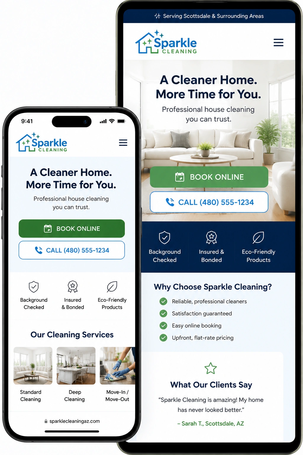 Responsive mobile house cleaning website with a prominent Book Online button and click-to-call contact information.