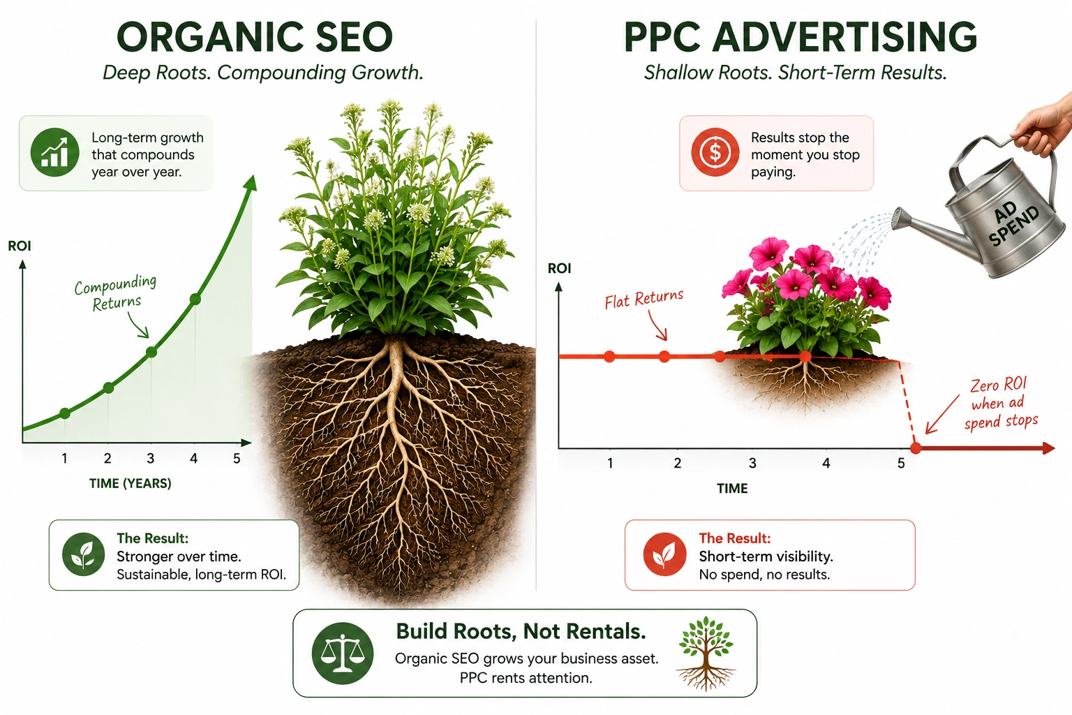 SEO for landscaping businesses: deep-rooted organic SEO vs shallow PPC advertising with compounding ROI comparison.
