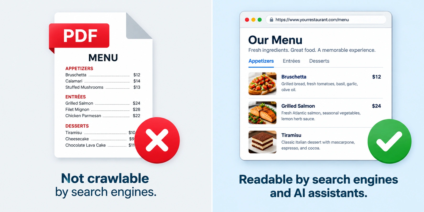 Comparison of a PDF restaurant menu marked not crawlable and an HTML menu shown as readable by search engines and AI assistants.