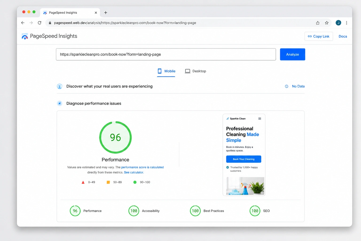 Mockup of Google PageSpeed Insights showing a 96 performance score for a mobile-friendly cleaning service booking page.