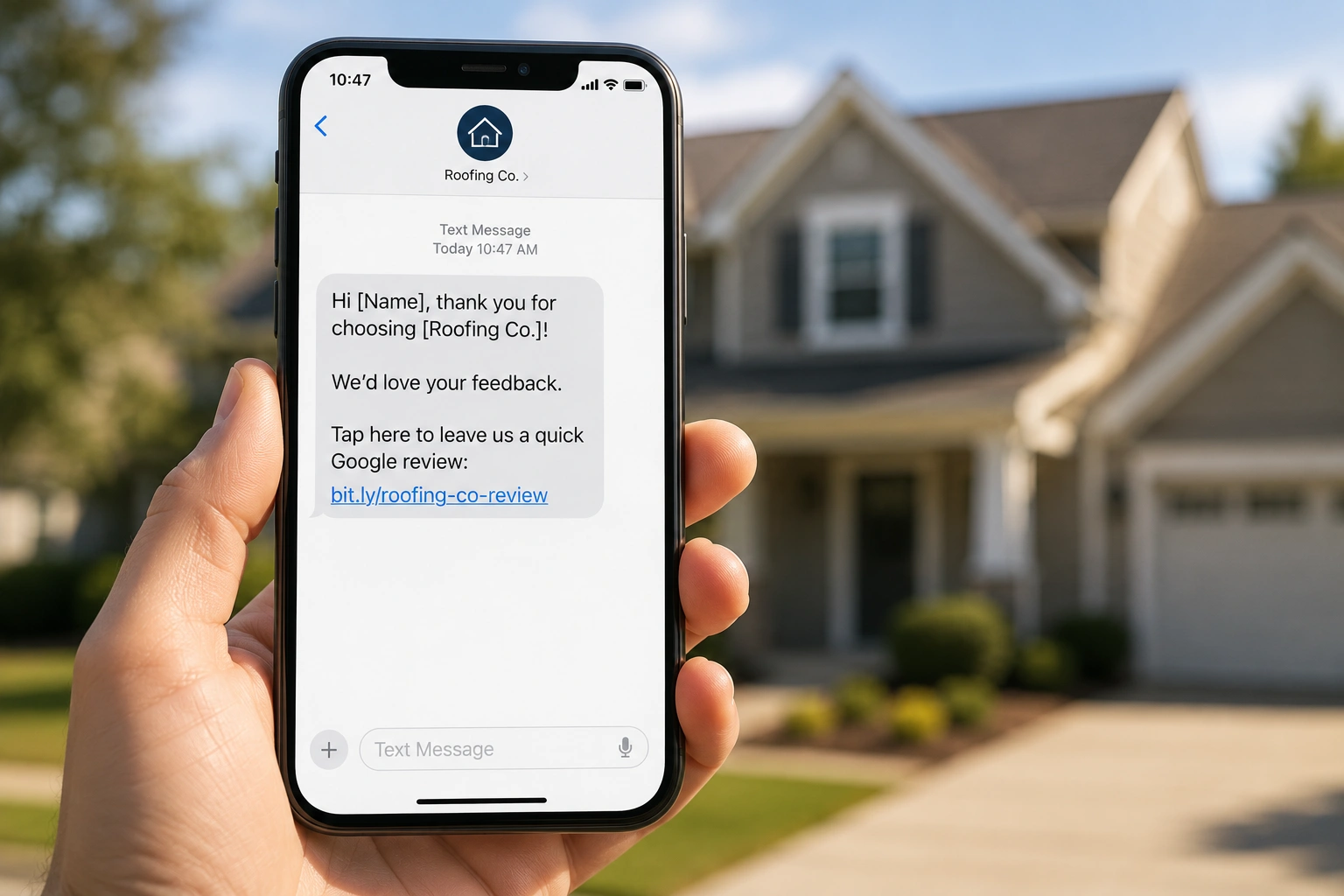 Mockup of BizIQ's automated SMS review request system for roofing contractors.