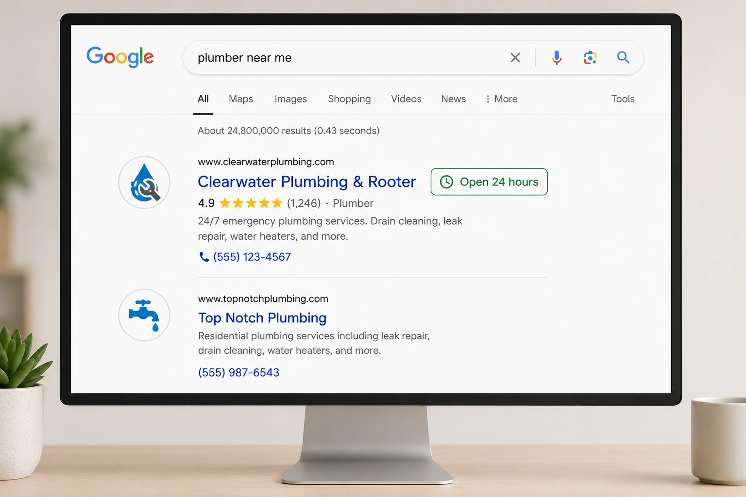 Google search results comparing a plumbing listing with an "Open 24 hours" rich snippet to a standard text-only listing.