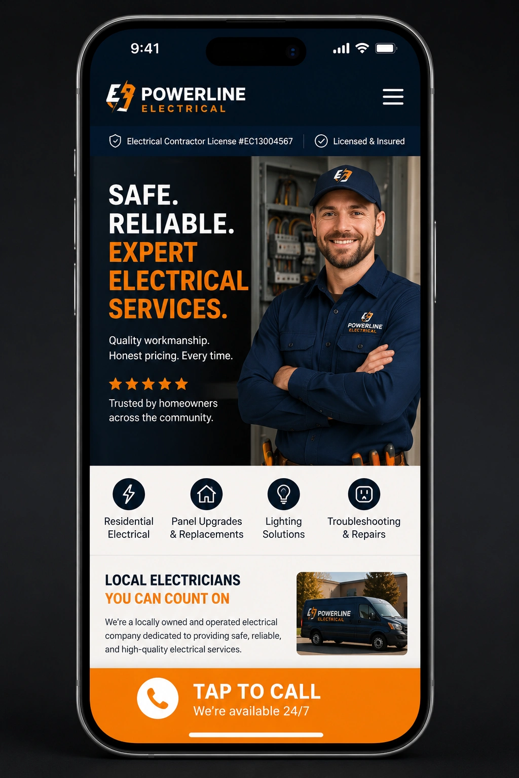 Mobile-responsive electrician website with a tap-to-call button, license information, and licensed and insured badge.