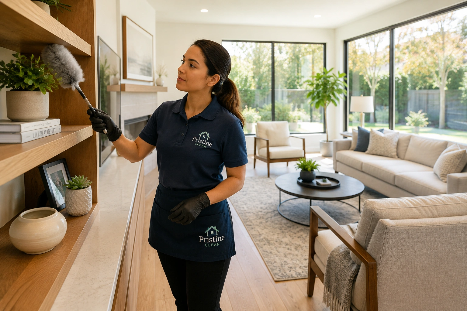 Professional house cleaner dusting a modern living room, showcasing high-quality residential maid service standards.