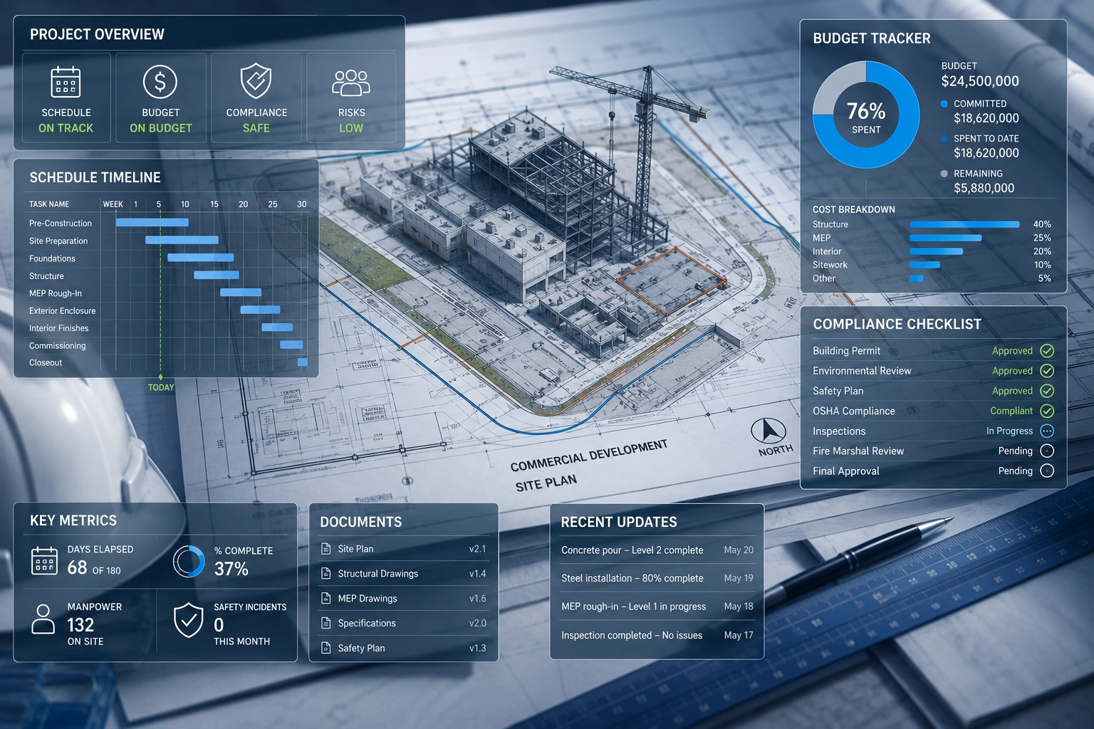 Construction site plan with digital overlays showing project schedule, budget tracking, compliance checklist, and performance metrics.