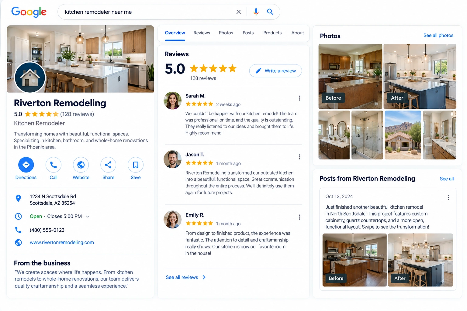Optimized Google Business Profile for a kitchen remodeler showing five-star reviews, project photos, business details, and a recent post.