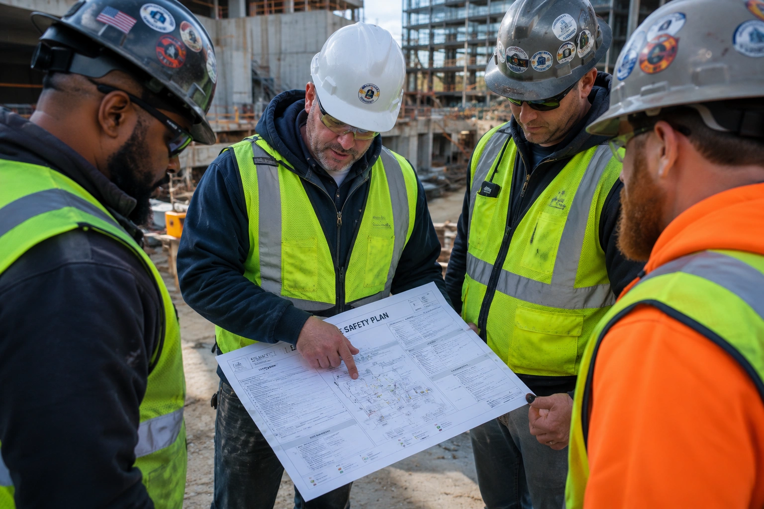 Construction crew reviewing a printed site safety plan during a safety meeting at an active commercial construction site.