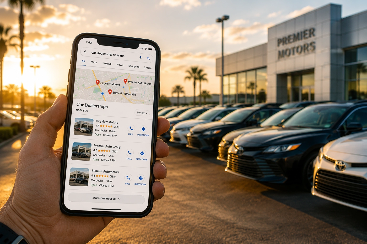 Smartphone displaying Google Maps car dealership results with a dealership lot blurred in the background at sunset.