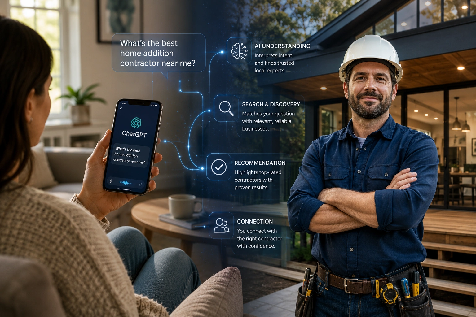 Split-scene showing a homeowner using ChatGPT and a contractor standing outside a completed home renovation.