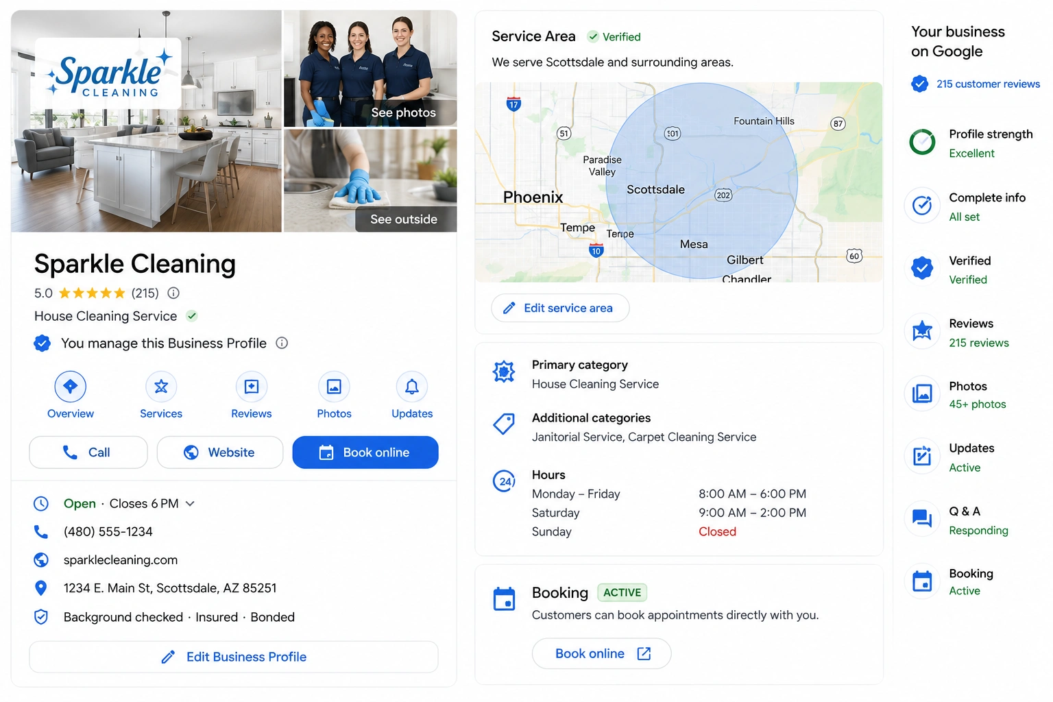 Optimized Google Business Profile for a house cleaning service with verified service area and online booking enabled.