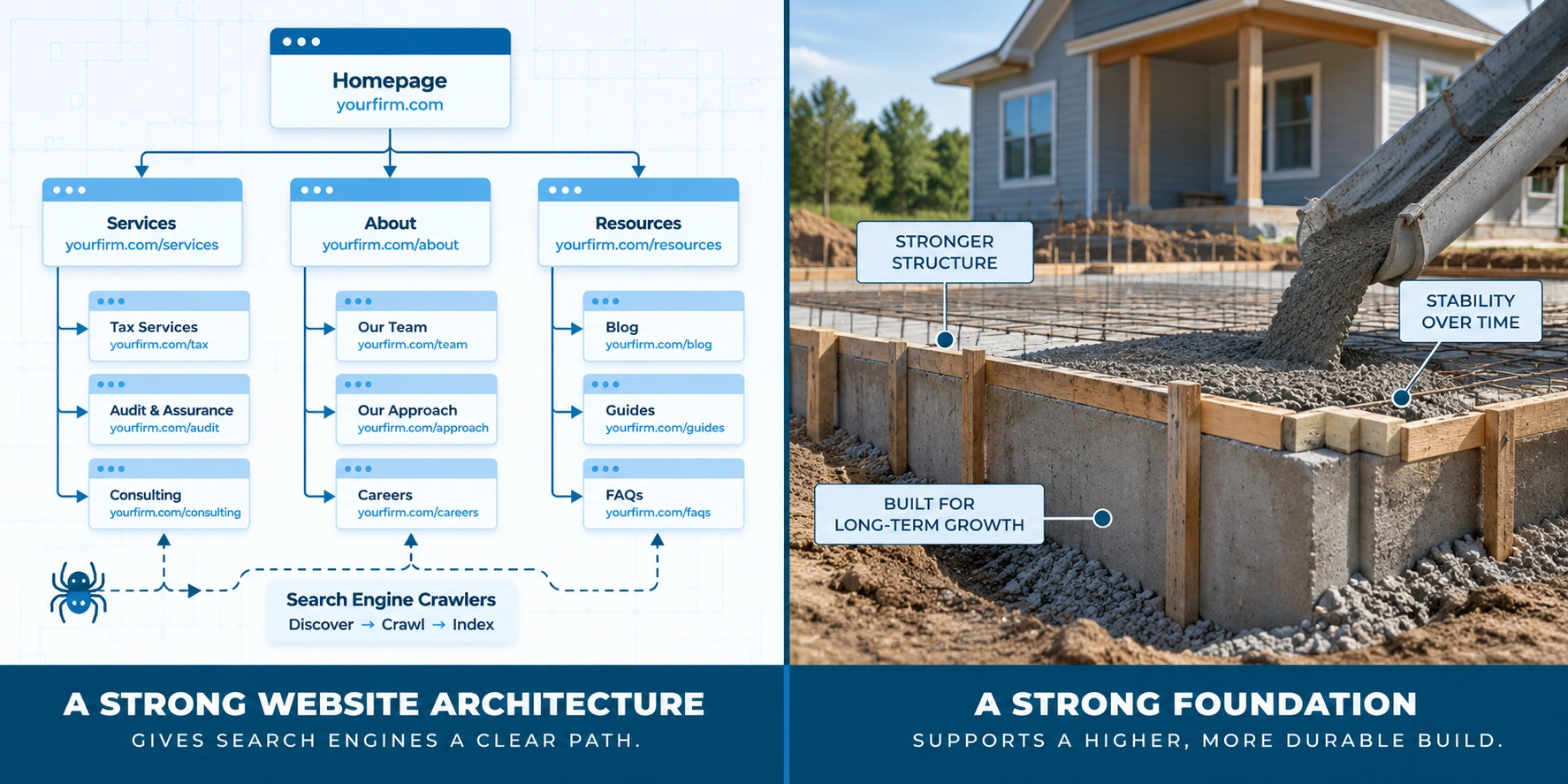 Split graphic comparing organized website architecture and search crawl paths with a strong concrete foundation for a home renovation.