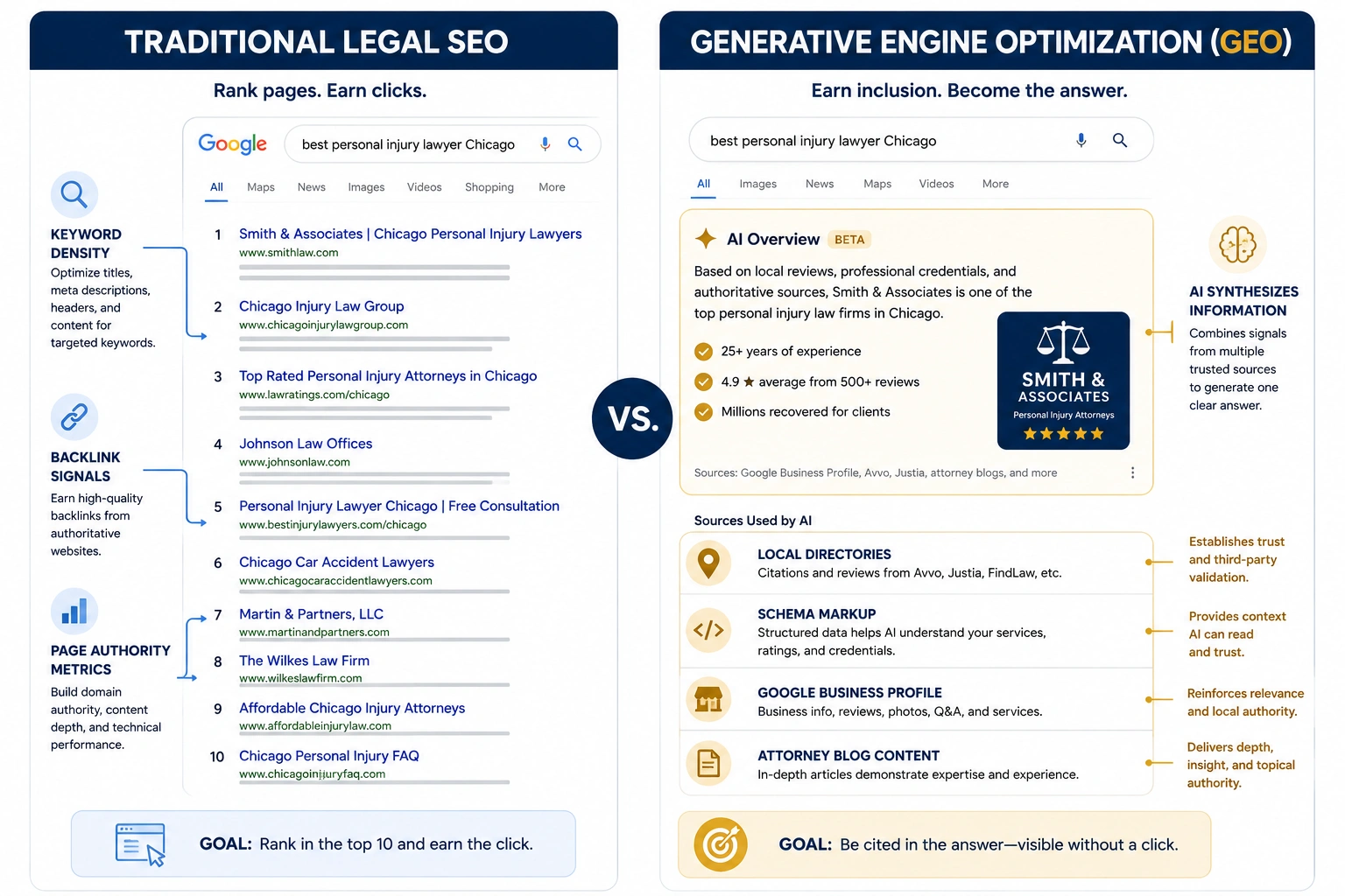 Comparison of traditional legal SEO and generative engine optimization showing how AI generates search answers.