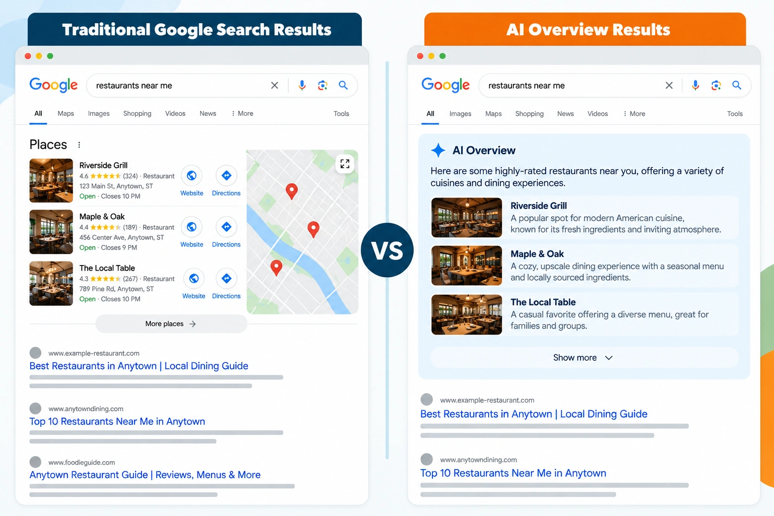 Side-by-side comparison of traditional restaurant search results with a local map pack and an AI-generated overview.