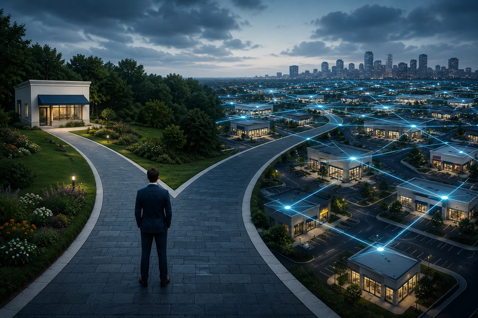 Two diverging paths lead to a single storefront or a connected network of commercial properties across a modern city.