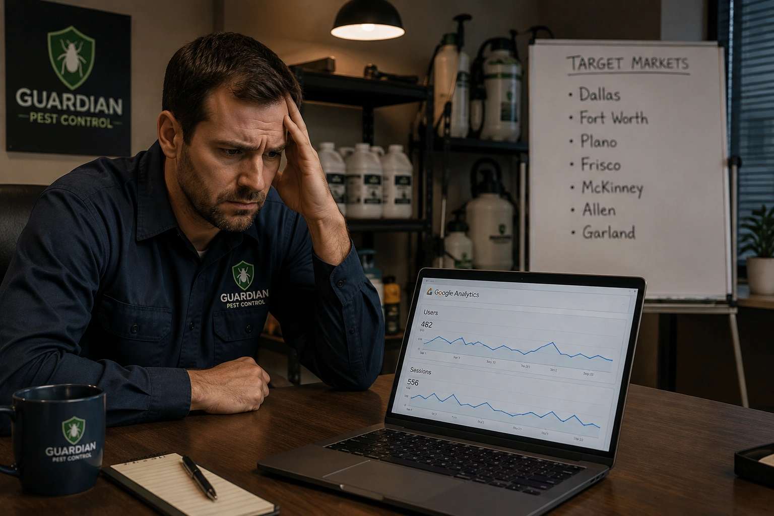Frustrated pest control business owner reviewing declining website traffic on a laptop in his office.