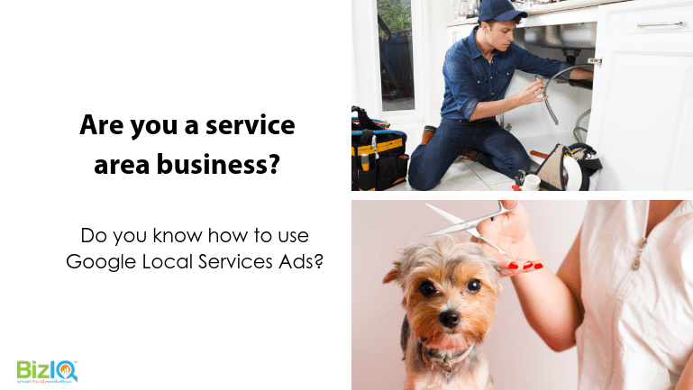 Image: 2 images 1 of a plumber in blue fixing a sink and 1 of the torso of a dog groomer trimming a small long-haired yorkie type dog's hair. Text reads Are you a service area business? Do you know how to use Google Local Services Ads?