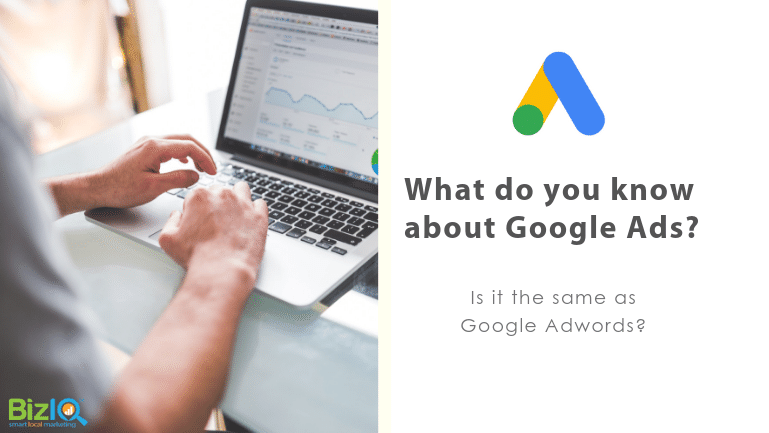 Image: we see hands typing on a laptop displaying blurred google analytics screen. Text reads What do you know about Google Ads? Is it the same as Google Adwords?