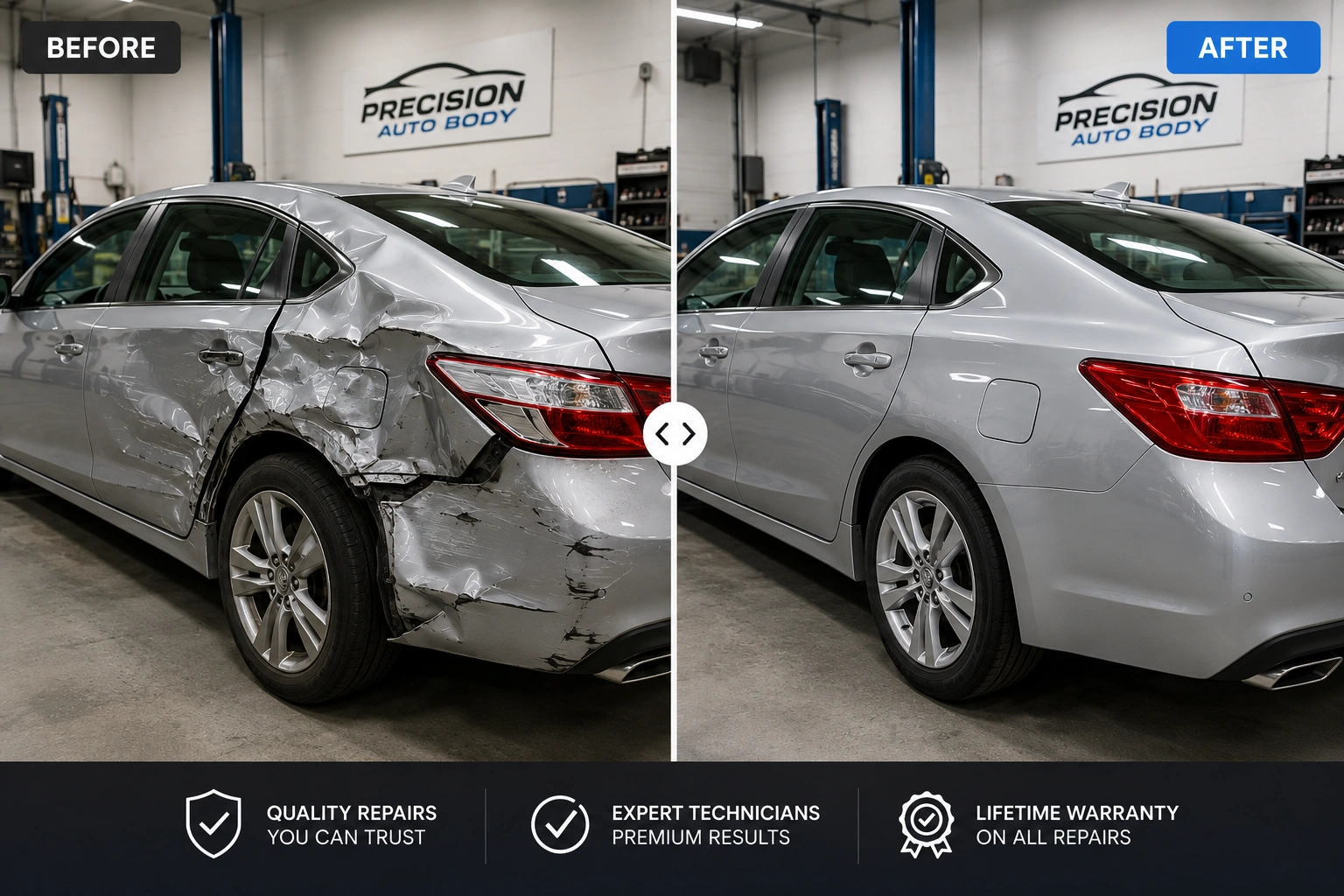 Before-and-after collision repair comparison showing a damaged silver sedan fully restored in a professional auto body shop.