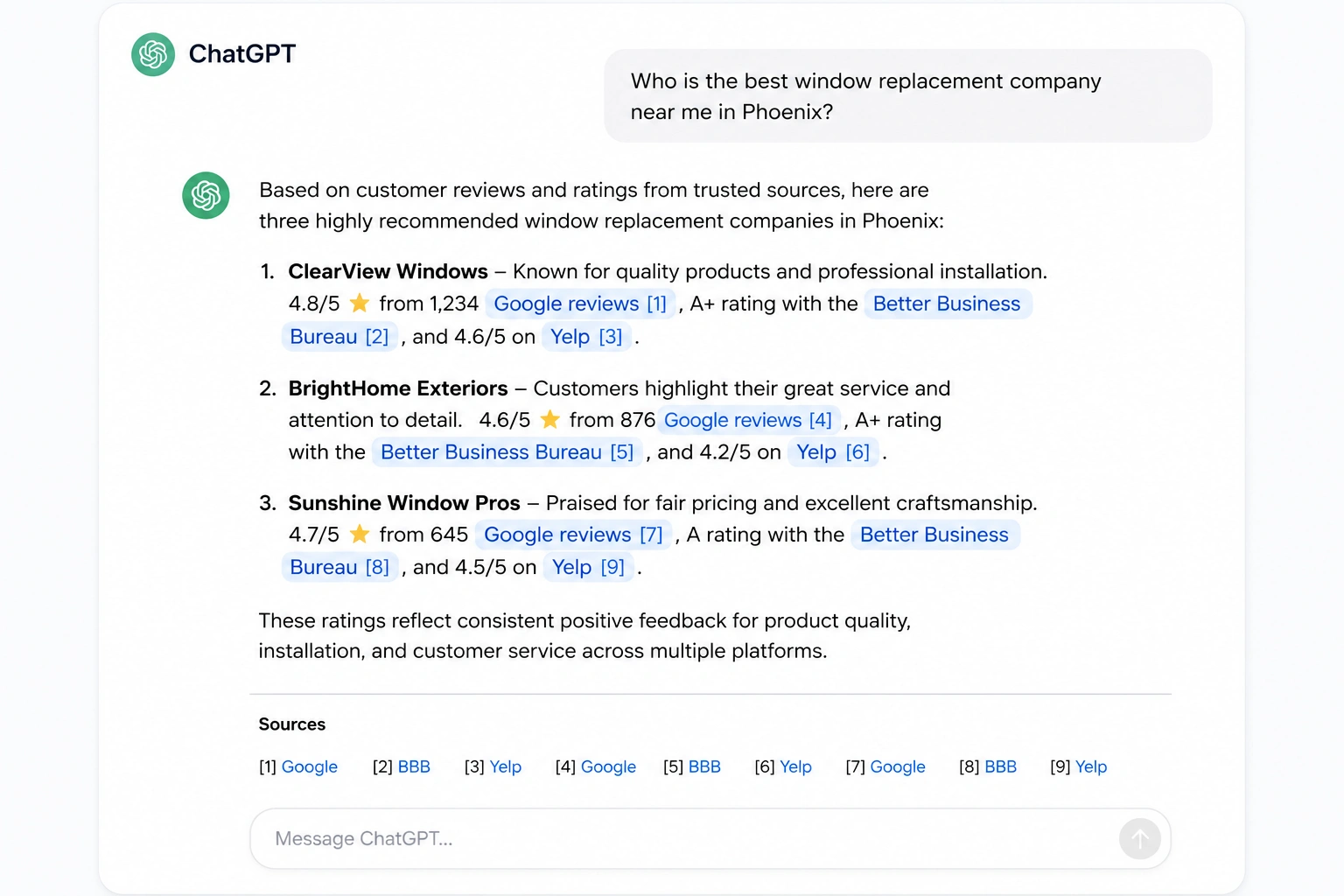 Mock ChatGPT conversation showing AI recommendations with citations from Google Reviews, BBB, and Yelp.