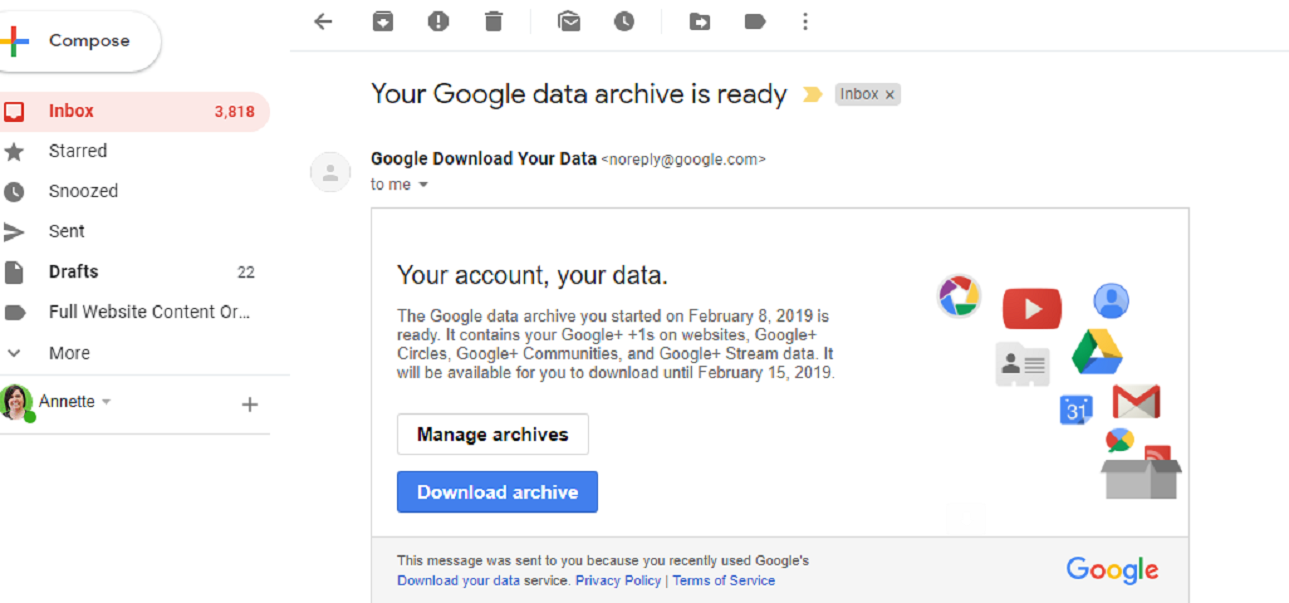 In-Line Blog Graphic screenshot of emailed Google+ data with blue button that reads Download archive.