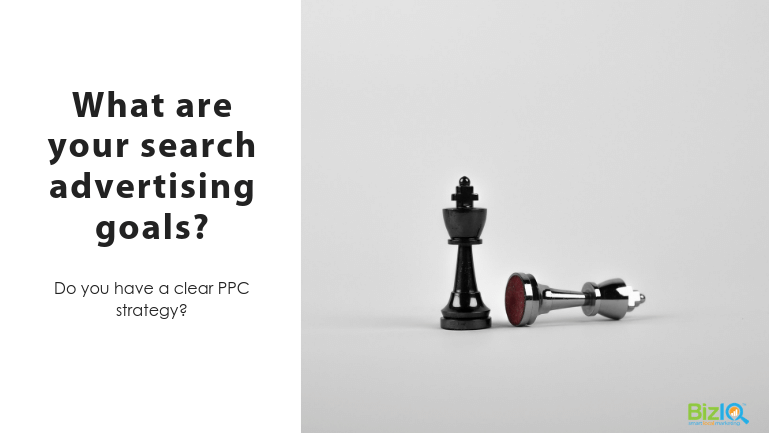 Image: 2 chess pawns, one black standing upright and one silver lying on its side, Text reads What are your search advertising goals? Do you have a clear PPC strategy?