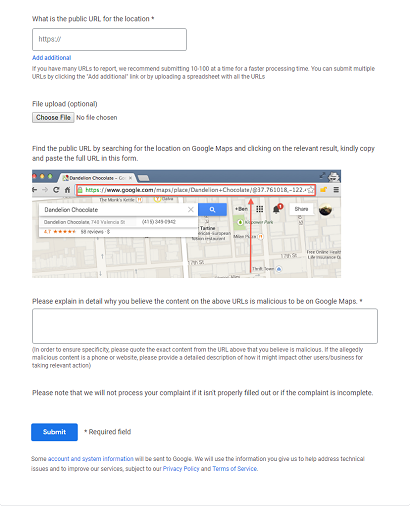 Google Support Business Redressal Complaint Form Text bottom