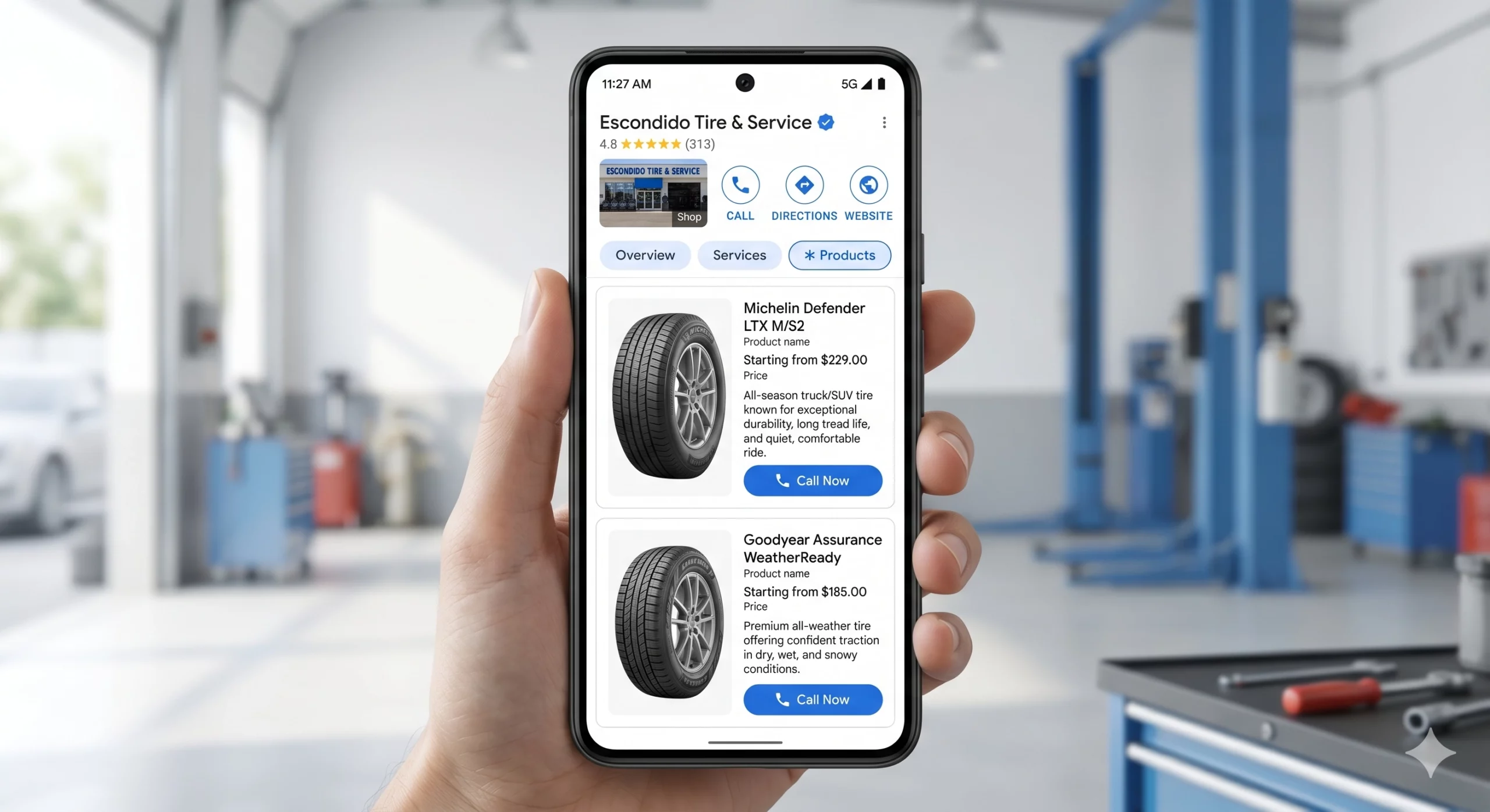 Mobile mockup of Google Business Profile Products tab for a tire shop showing Michelin and Goodyear listings.