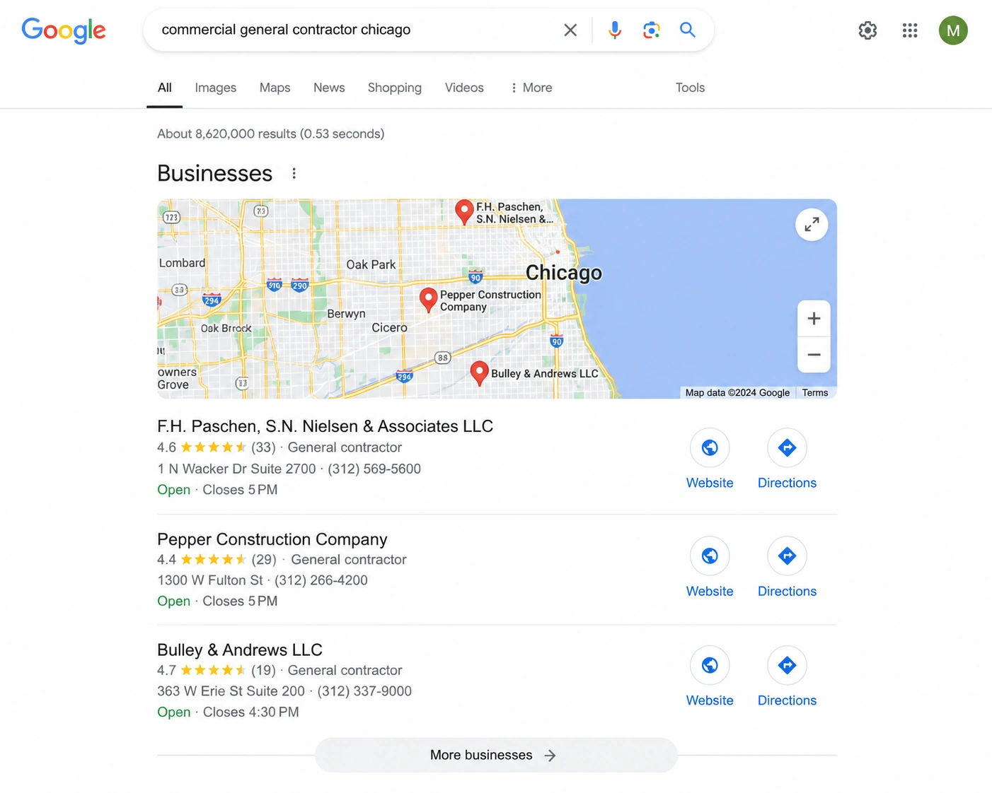 Google Map Pack displaying three commercial construction company listings with ratings, contact information, business hours, and a local map.