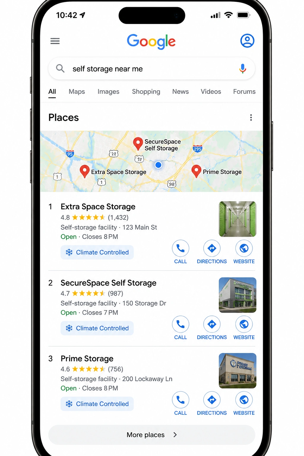 Google Maps 3-Pack results for self-storage facilities showing high review counts, climate-controlled features, and call-to-action buttons.