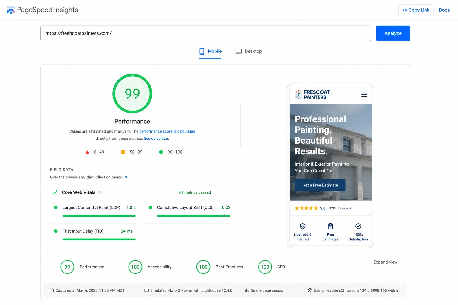 Google PageSpeed Insights report showing a mobile performance score of 99 for a painting contractor website.