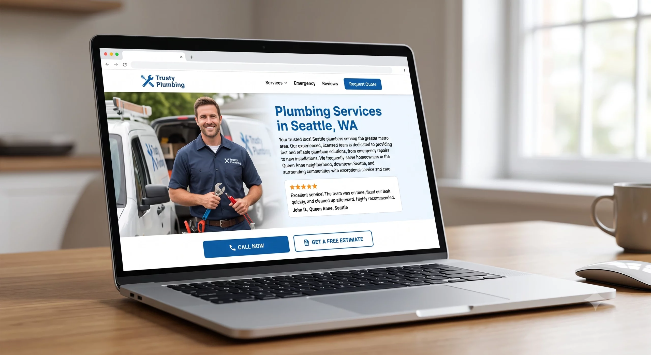Laptop mockup of localized local plumbing service page with review and CTA buttons for SEO.