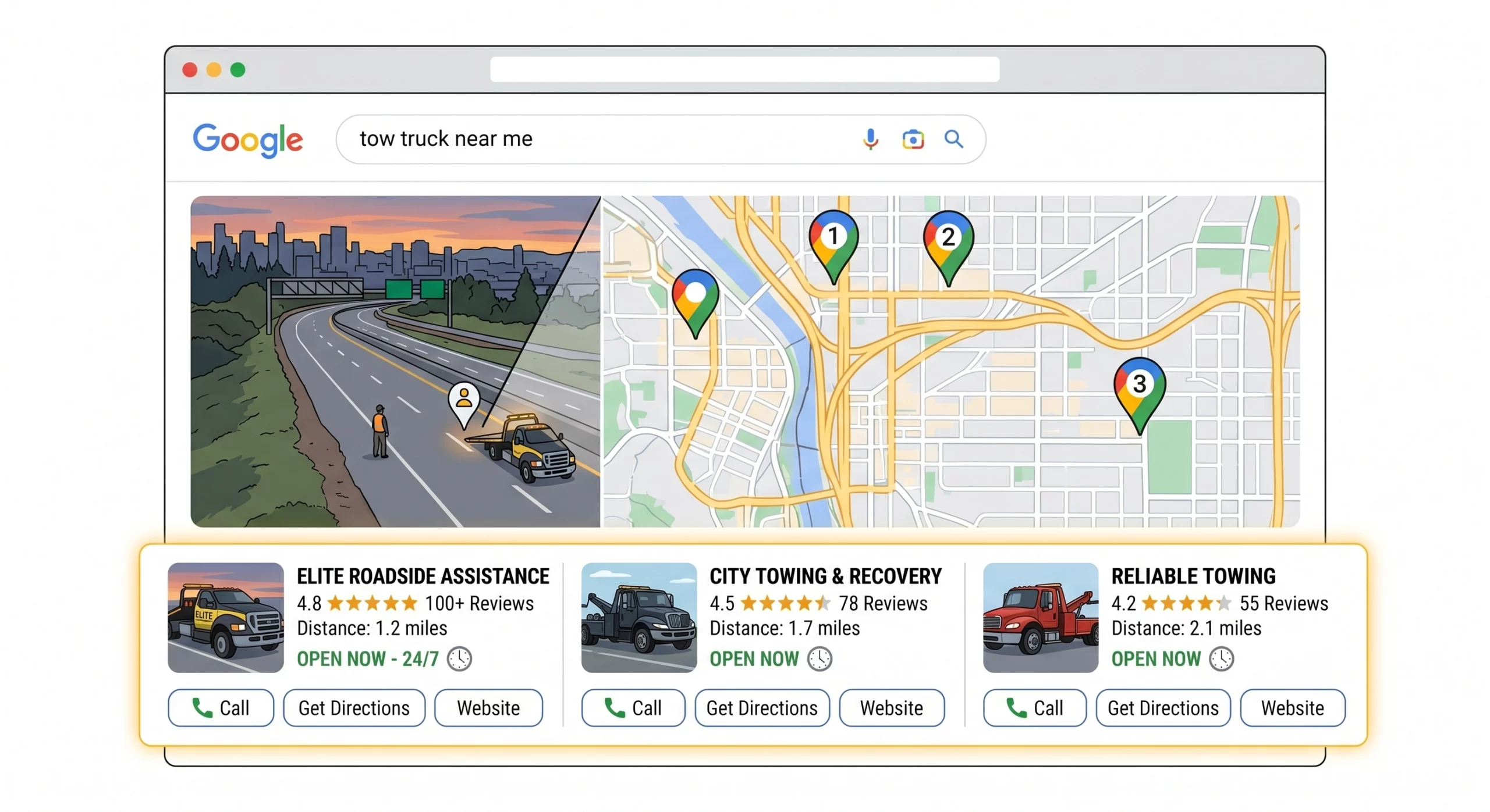 Google local map search results for "tow truck near me" featuring three local towing business listings.