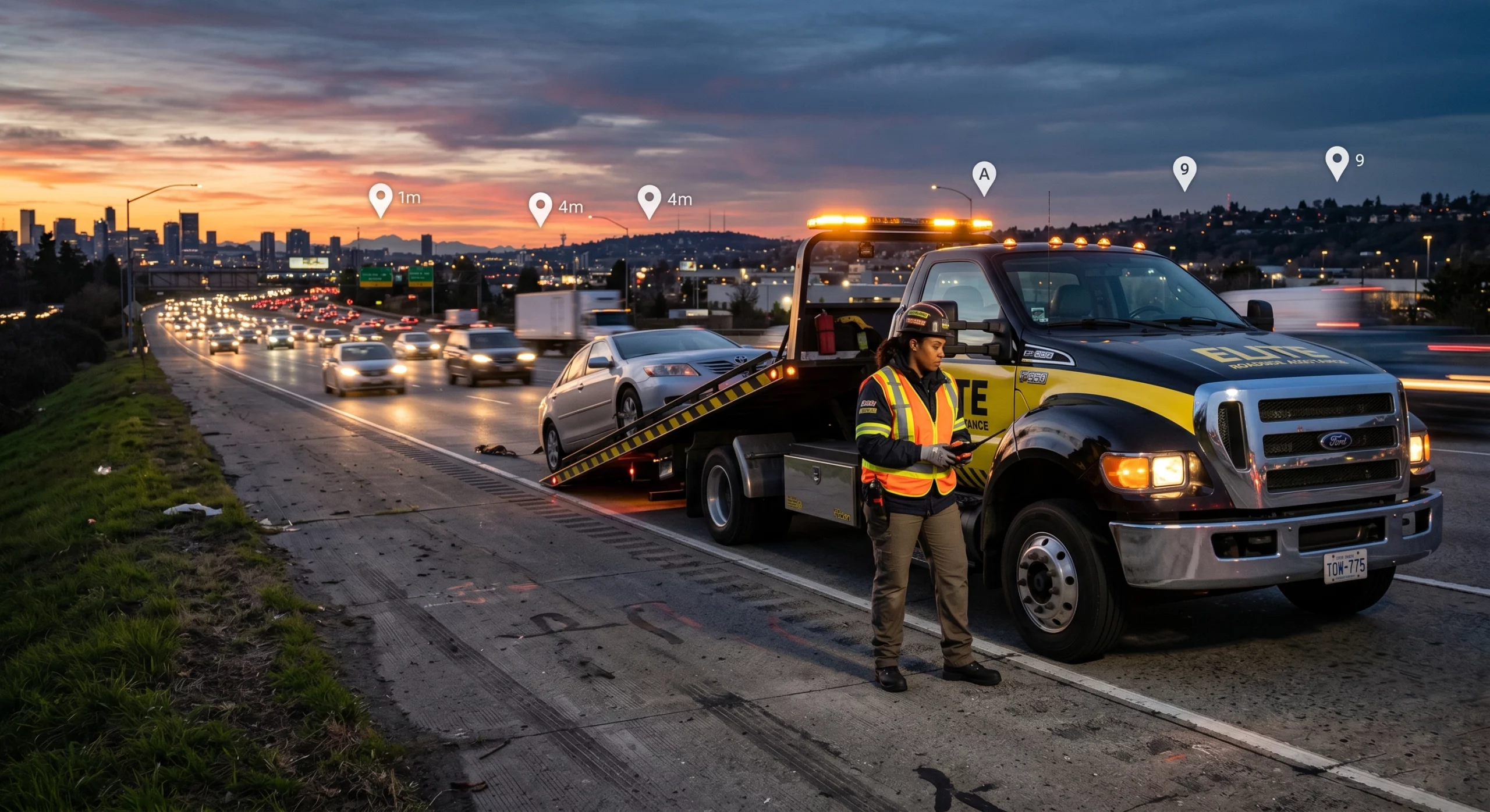 A roadside assistance operator standing next to a flatbed tow truck with a loaded car on a highway.