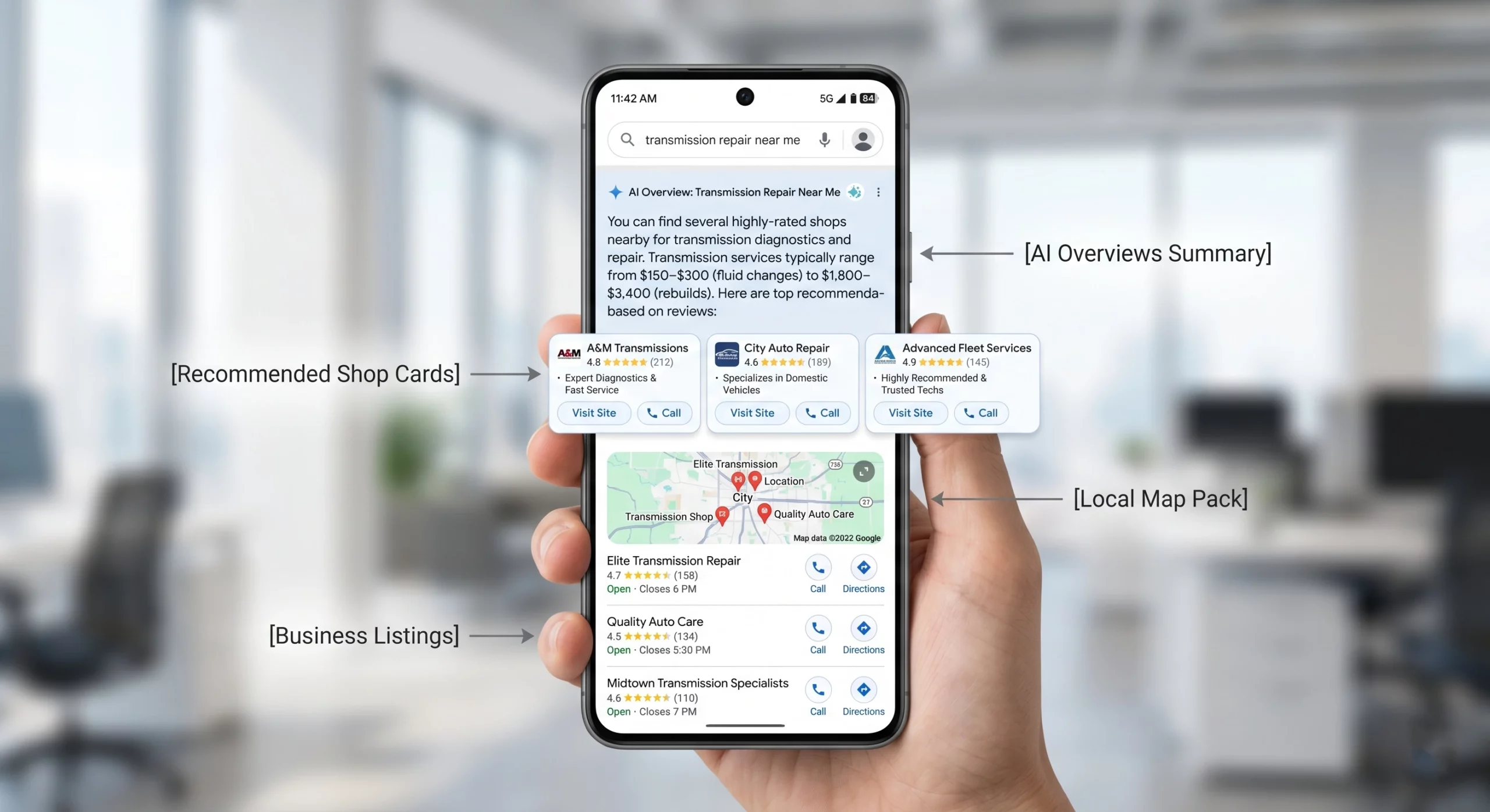 Mockup of smartphone showing Google AI Overviews and a Local Map Pack for a transmission repair search.